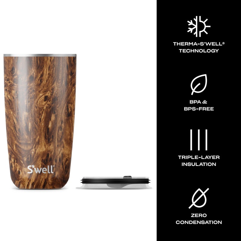 S'well Stainless Steel Tumbler with Slide-Open Lid, 18oz, Teakwood, Triple Layered Vacuum Insulated Containers Keeps Drinks Cold for 12 Hours and Hot for 4, BPA Free - Image 4